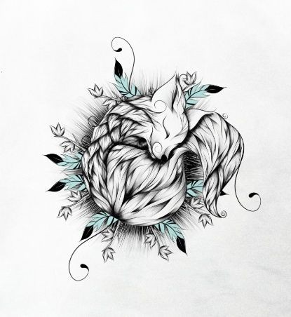 Black-and-white sleeping fox and small turquoise feathers tattoo design