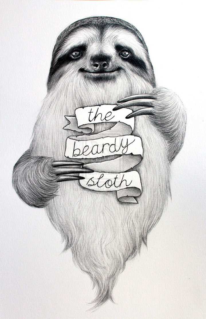 Black-and-white sloth keeping a stripe banner tattoo design by Kate Powell Art