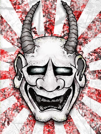 Cara de diabo sorridente preto e branco em raios vermelhos fundo tatuagem desenho por Nocty