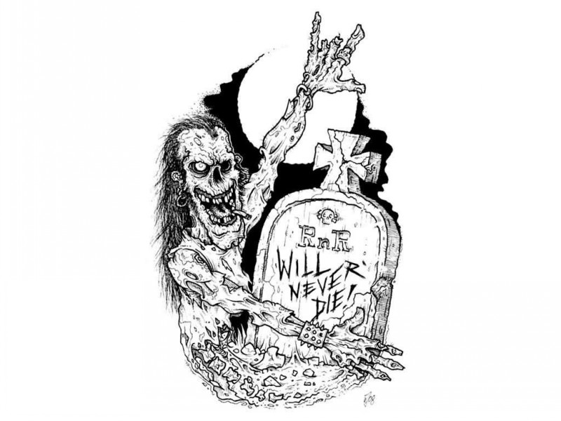 Black-and-white smoking zombie rocker with a headstone tattoo design
