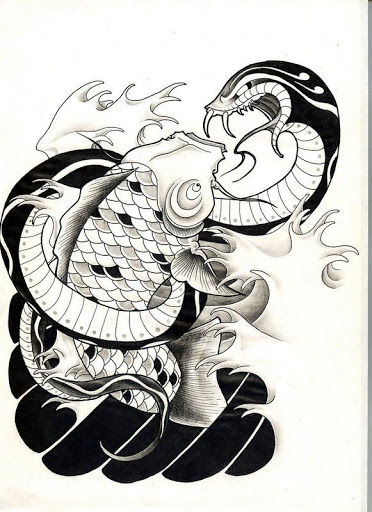 Black-and-white snake killing a huge koi fish tattoo design