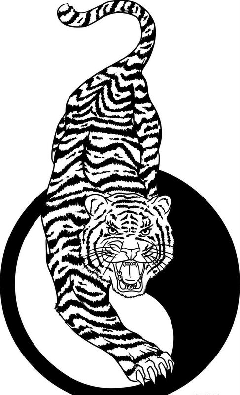 Black-and-white sneaking tiger on yin yang background tattoo design