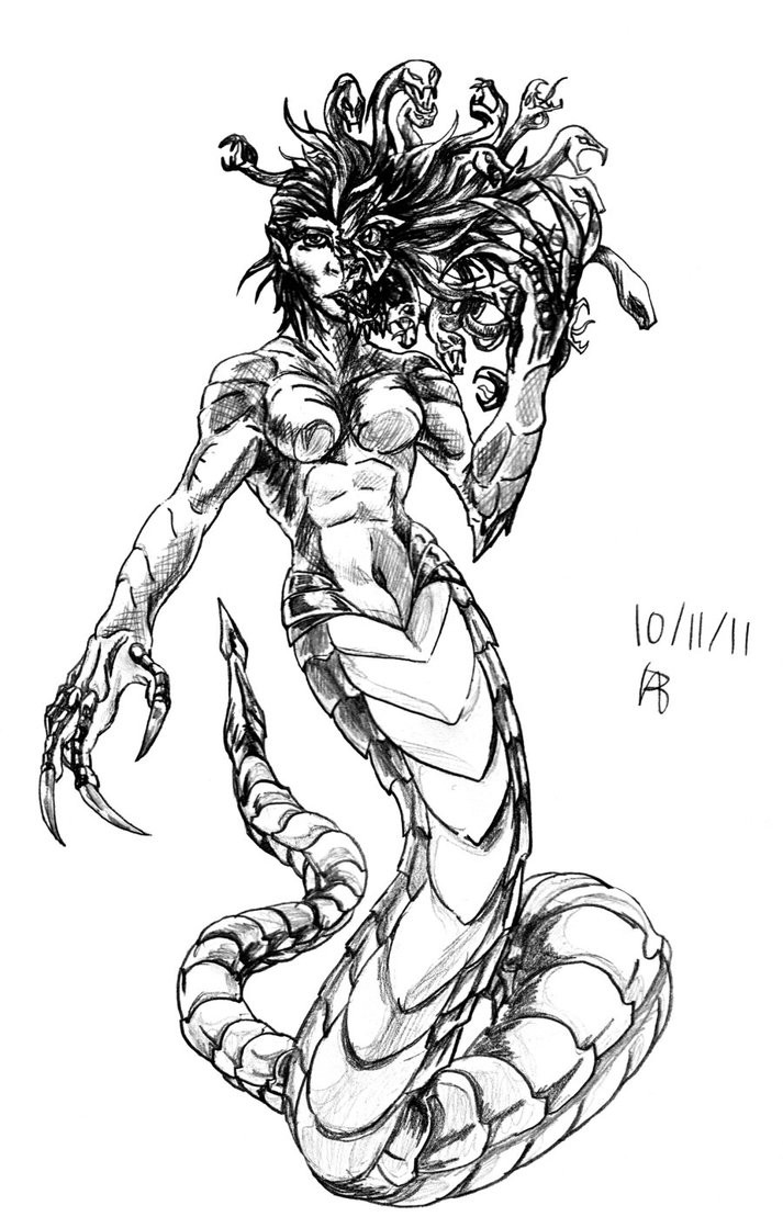 Black-and-white standing medusa gorgona tattoo design by Emerald Fury