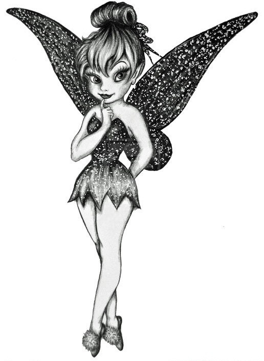 Black-and-white standing tinkerbell fairy tattoo design