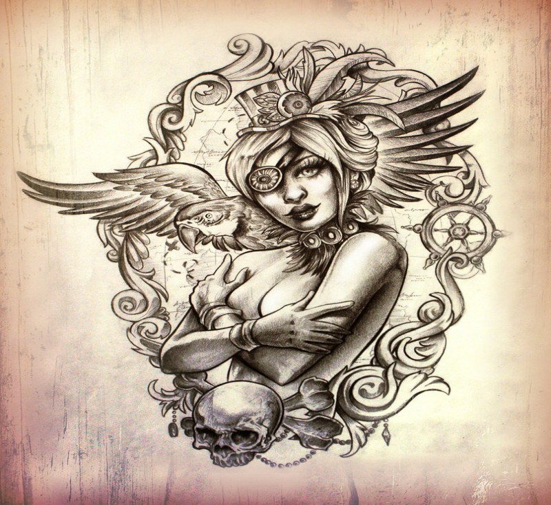 Black-and-white steampunk girl and parrot in mirror frame tattoo design