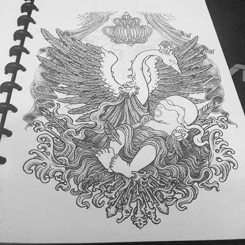 Black-and-white swan and crying baby tattoo design