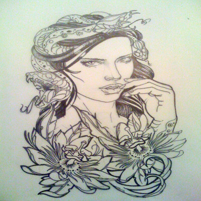 Black-and-white tempting medusa gorgona with flowers tattoo design by Tattooneos
