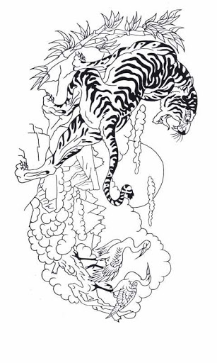 Black-and-white tiger hunting on storks tattoo design