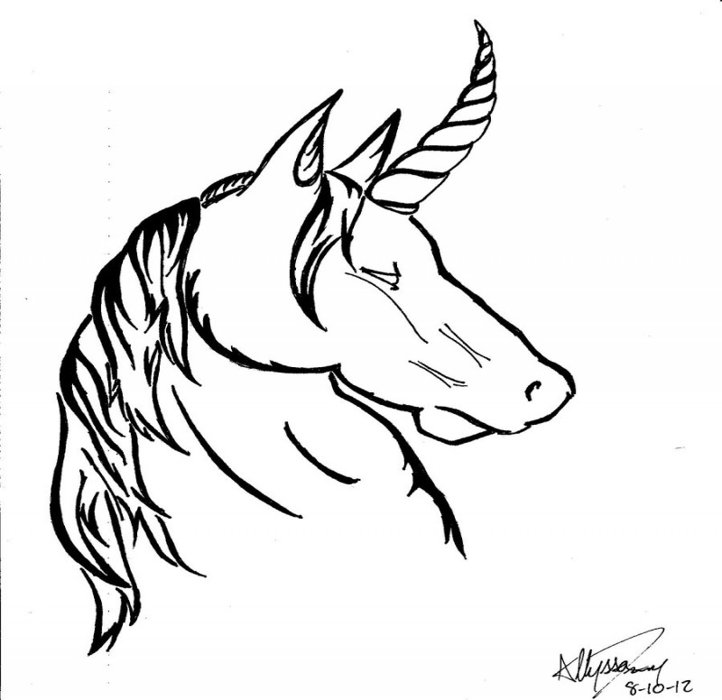 Black-and-white unicorn head tattoo design by XX Lunatic Psycho XX