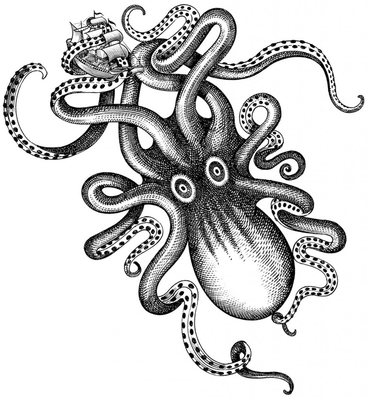 Black-and-white upside down octopus and tiny boat tattoo design