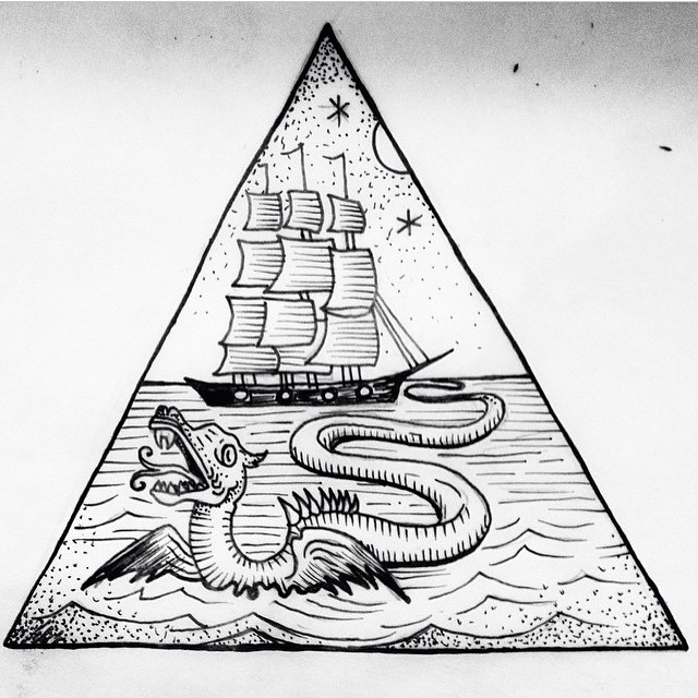 Black-and-white water animal monster and sailing ship tattoo design