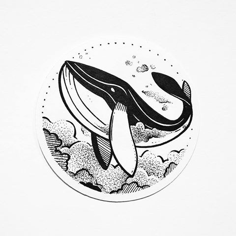 Black-and-white water animal swimming in clouds framed with circle tattoo design