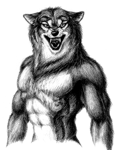 Black-and-white werewolf torso with cunning grin tattoo design