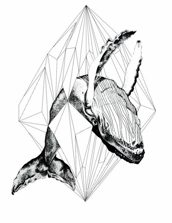 Black-and-white whale jumping through geometric crystal tattoo design