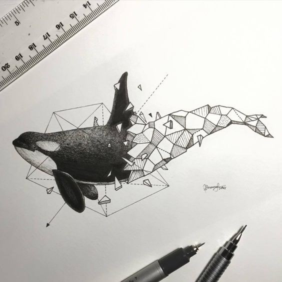 Black-and-white whale with geometric tail tattoo design