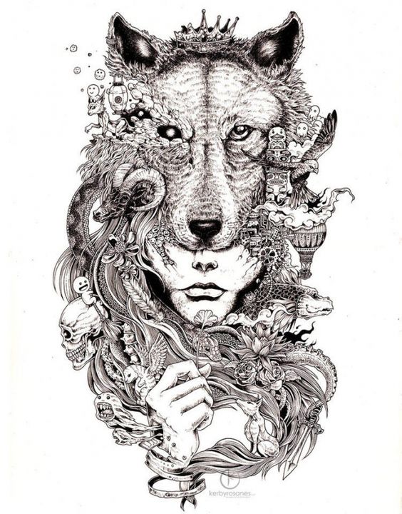 Black-and-white wolf and young woman with a lot of elements tattoo design