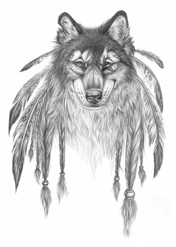 Black-and-white wolf decorated with indian feathers tattoo design