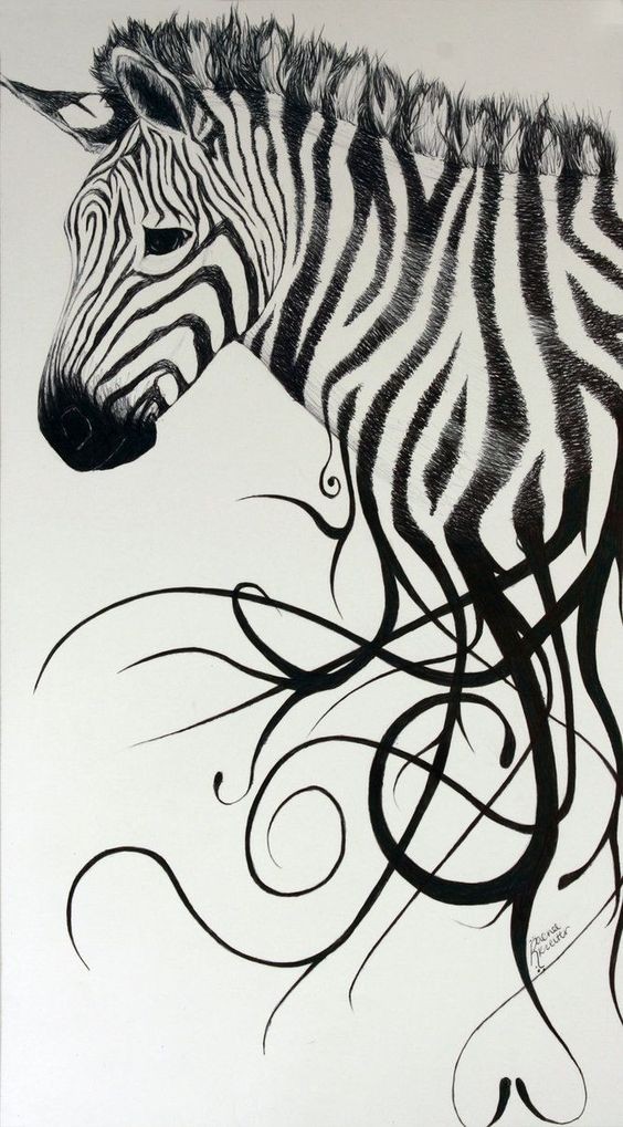 Black-and-white zebra with stripes turning into curles tattoo design