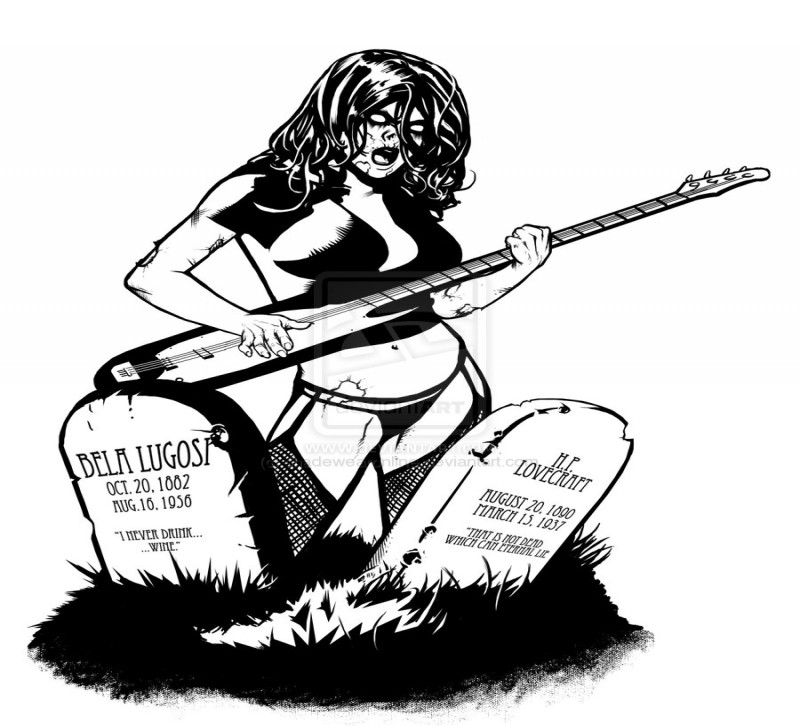 Menina zumbi em preto e branco com uma guitarra entre tatuagem de lápides