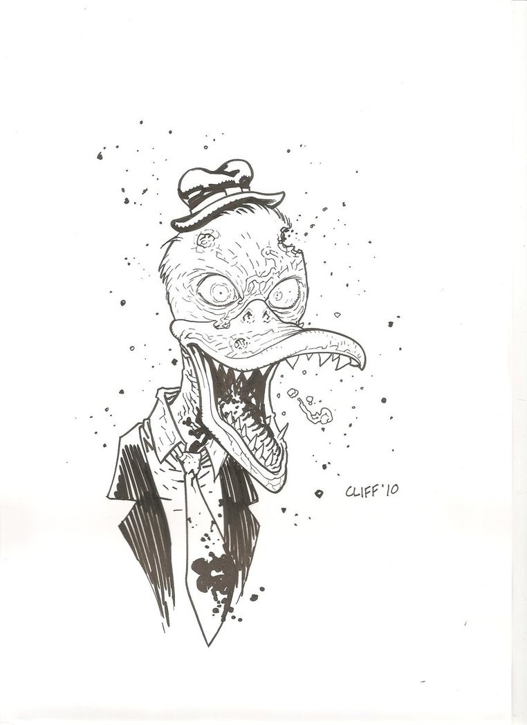 Black-and-white zombie howard the duck in a suit tattoo design by Cliff Rathburn
