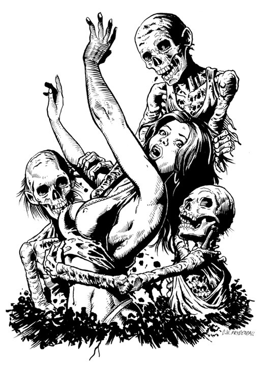 Black-and-white zombies raping a naked girl tattoo design