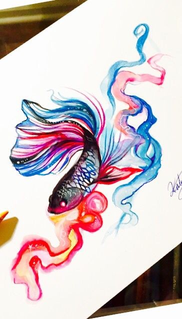 Black-body fish with swirly vivid colored flippers tattoo design