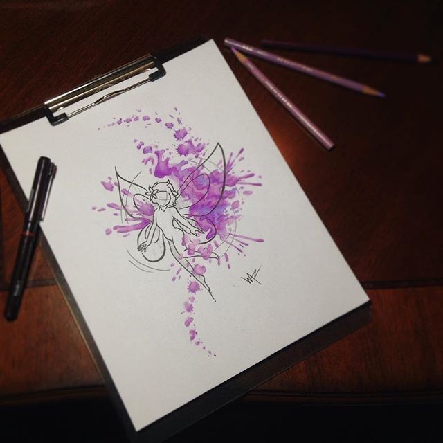 Black-contour fairy with purple watercolor splashing tattoo design