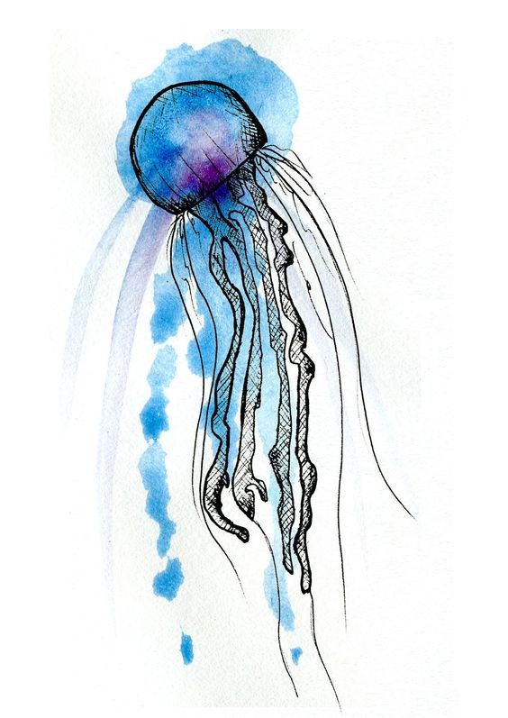 Black-contour jellyfish on blue watercolor background tattoo design
