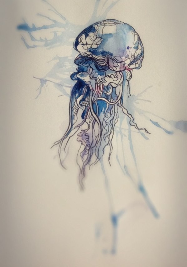 Black-contour jellyfish on splashed watercolor background tattoo design