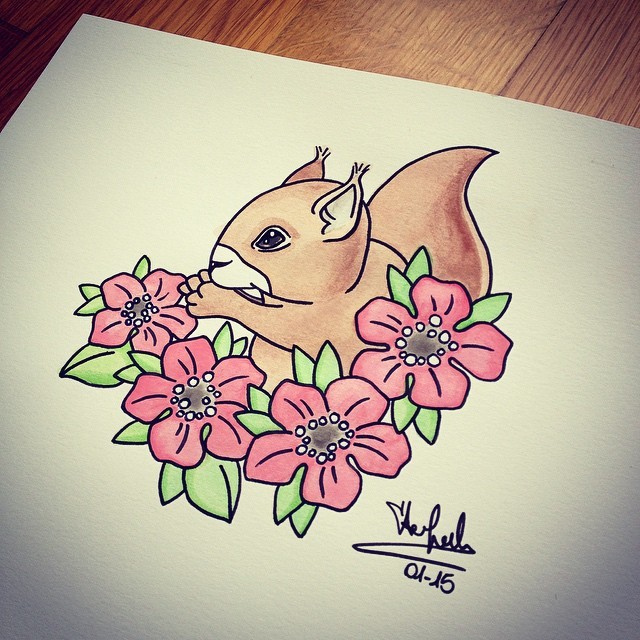 Black-contoured colorful squirrel with flowers tattoo design