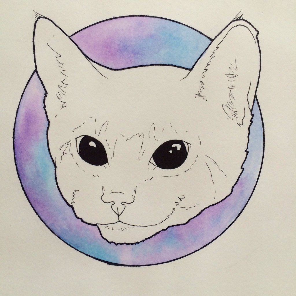 Black-eyed cat on violet circle background tattoo design by Asharobson