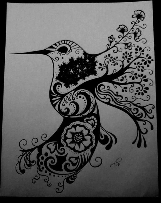 Black-eyed hummingbird with flowered wings and tail tattoo design