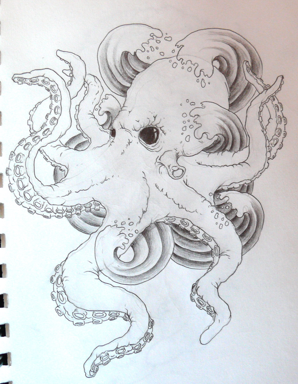 Black-eyed octopus in swirly water tattoo design by Zioman