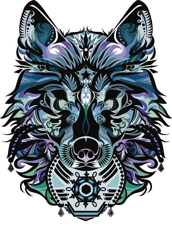 Black-eyed wolf with colorful ornament tattoo design