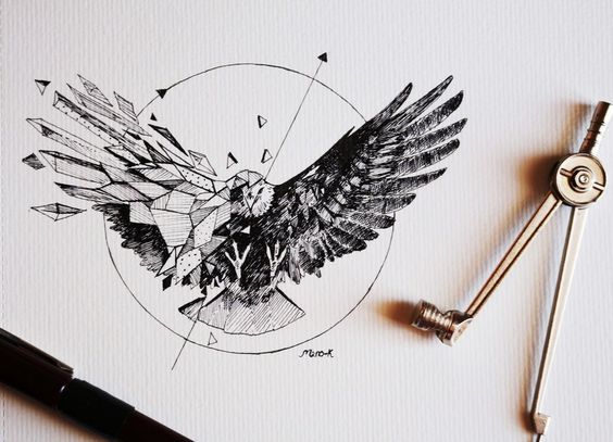 Black-half-geometric eagle in circle tattoo design