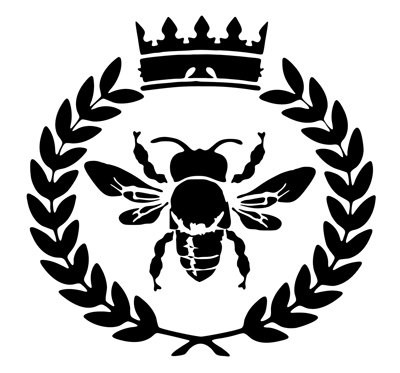 Black-ink bee under huge king crown in leaved branch frame tattoo design