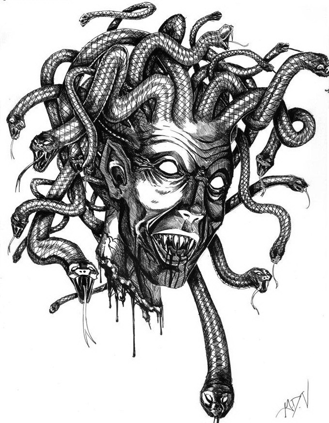 Black-ink bloodthirsty medusa gorgona tattoo design