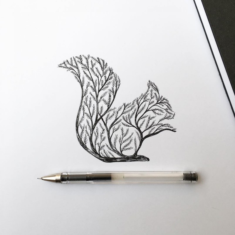 Black-ink branch-printed squirrel tattoo design