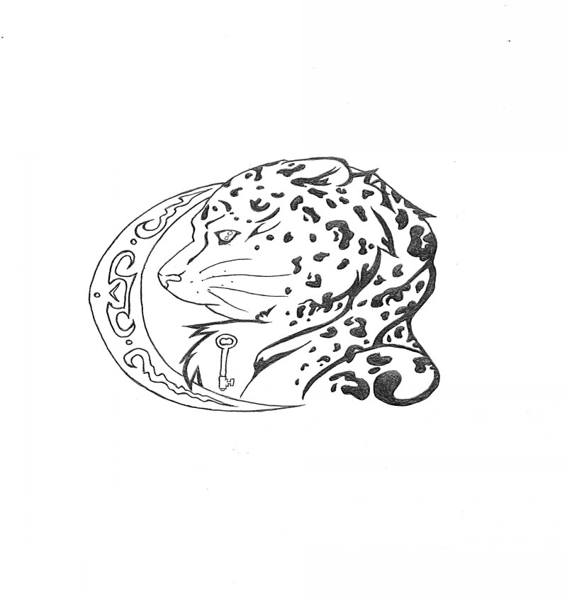 Black-ink cheetah in profile with key print and patterned half moon tattoo design