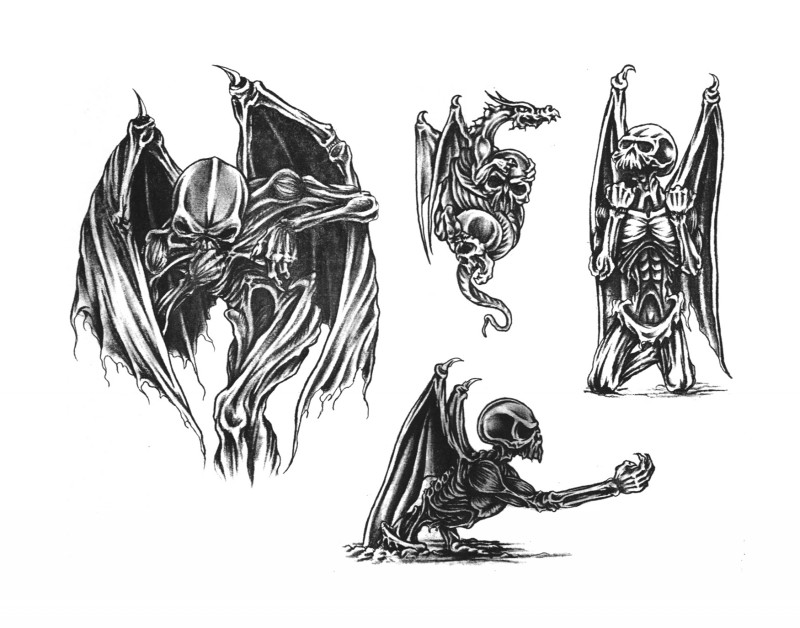 Black-ink demon skeleton tattoo designs