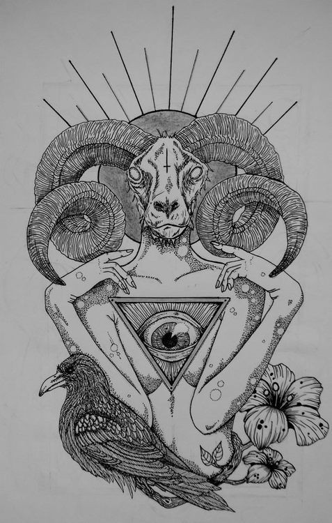 Demônio de tinta preta com cabeça de carneiro e enorme design de tatuagem de sinal illuminati