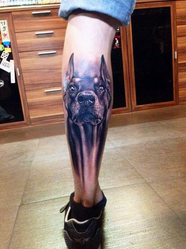 bello cane Doberman tatuaggio su stinco di uomo