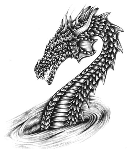 Black-ink dragon portrait in vortex tattoo design