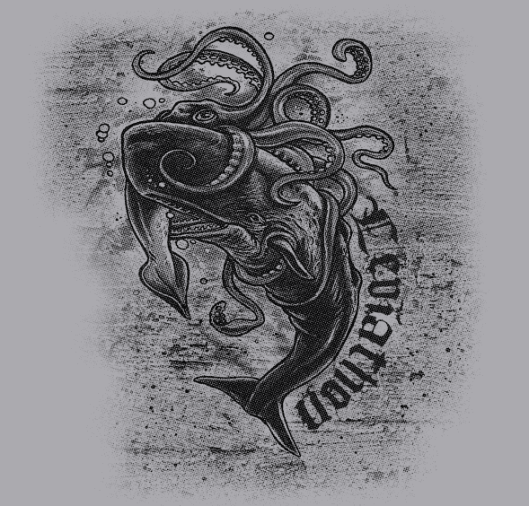 Black-ink embracing water animals on sea bottom with lettering tattoo design