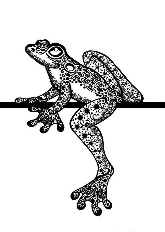 Black-ink floral frog hanging on thin branch tattoo design
