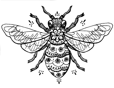 Black-ink flowered body bee tattoo design by Fragile Butts