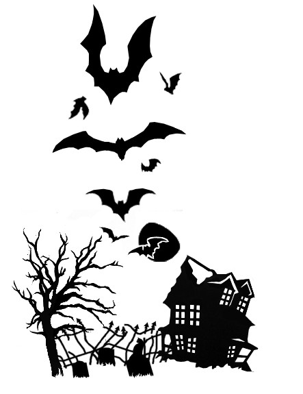 Black-ink flying bats over dark house in halloween night tattoodesign