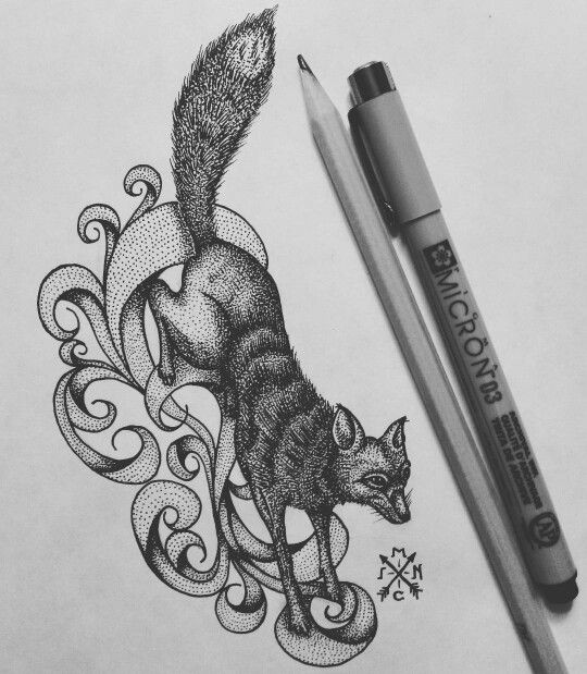 Black-ink fox running in dotwork curles tattoo design