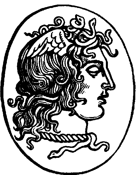 Black-ink grecian style medusa gorgona profile in oval frame tattoo design