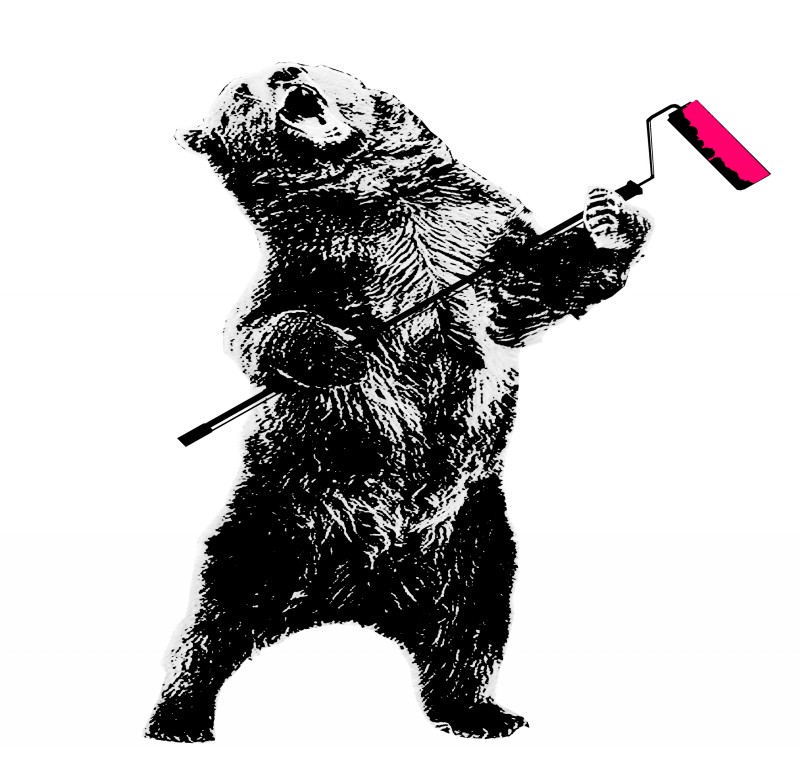 Black-ink grizzly bear with pink paint roller tattoo design